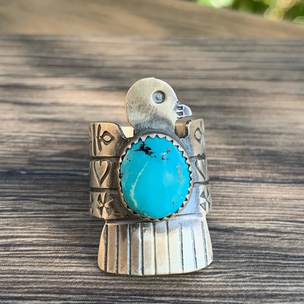 Yazzie Native American Navajo Authentic Turquoise Thunderbird Ring with Hearts - Picture 12 of 14